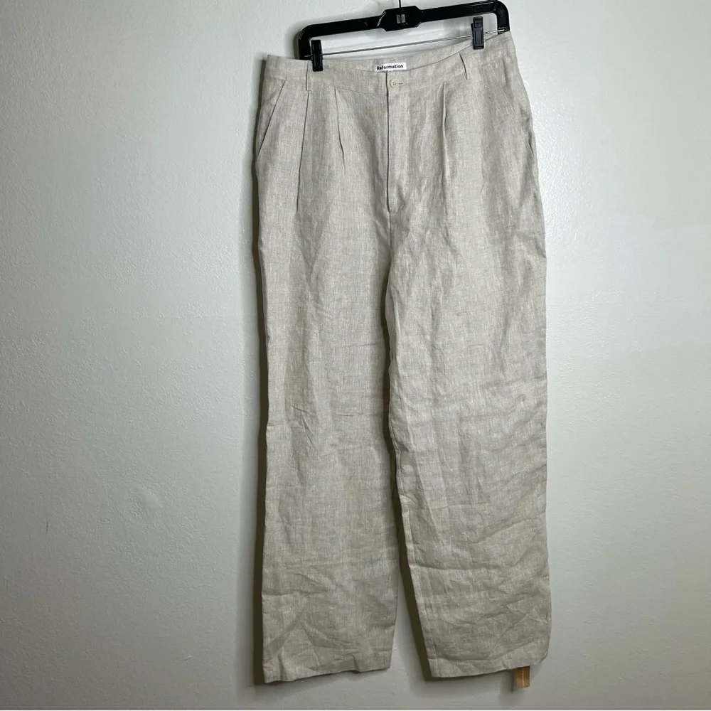 NEW Reformation Alex 100% Linen Trouser Pant In Oatmeal Size 12